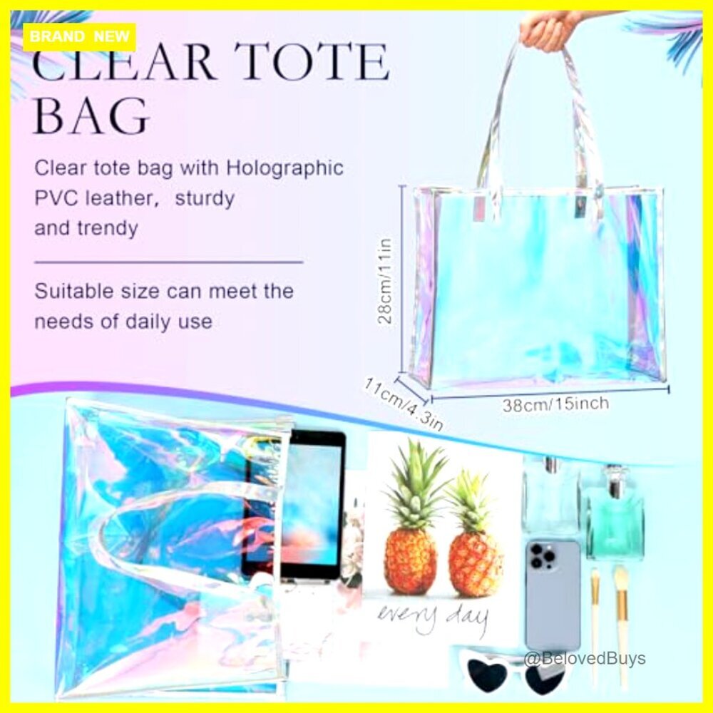 Large Clear Tote Bag with Leather Handle for Beach Work Travel - Picture 2 of 7